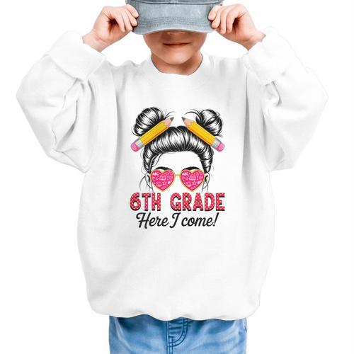 6th Grade Here I Come Messy Bun Hair Back To School Girls Graphic Kid Sweatshirt - Savourry