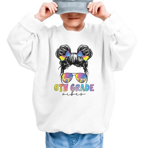 6th Grade Vibes Messy Hair Bun Girl Back To School First Day Graphic Kid Sweatshirt - Savourry