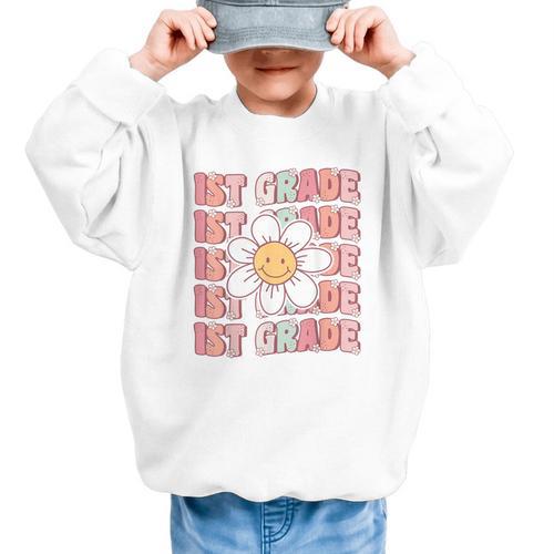 70s Groovy 1st Grade Back To School First Day Of First Grade Graphic Kid Sweatshirt - Savourry