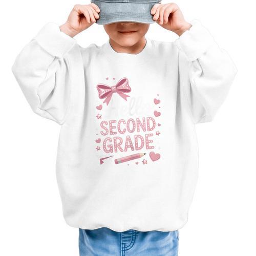 Back To School Cute Pink Coquette Girls Hello Second Grade Graphic Kid Sweatshirt - Savourry
