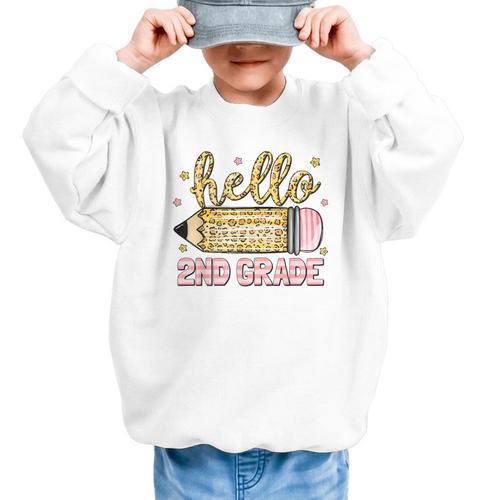 Back To School Hello Second 2nd Grade Leopard Pencil Girl Graphic Kid Sweatshirt - Savourry
