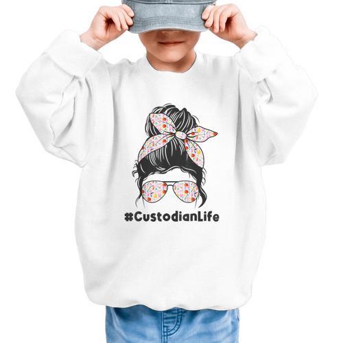 Custodian Life Messy Bun Hair Glasses Leopard Back To School Graphic Kid Sweatshirt - Savourry