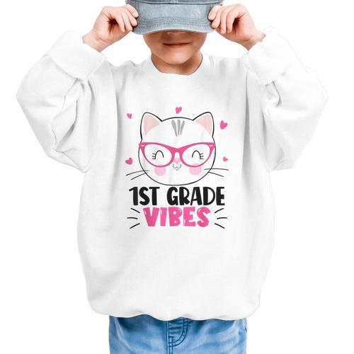 Cute 1st Grade Vibes Cat Kitten Lover Back To School Girls Graphic Kid Sweatshirt - Savourry