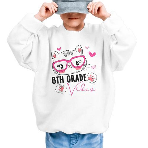 Cute 6th Grade Vibes Cat Kitten Lover Back To School Girls Graphic Kid Sweatshirt - Savourry