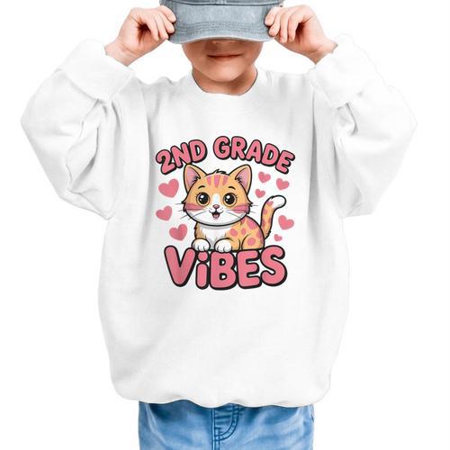 Cute Cat 2nd Grade Vibes Back To School Second Grade Girls Graphic Kid Sweatshirt - Savourry
