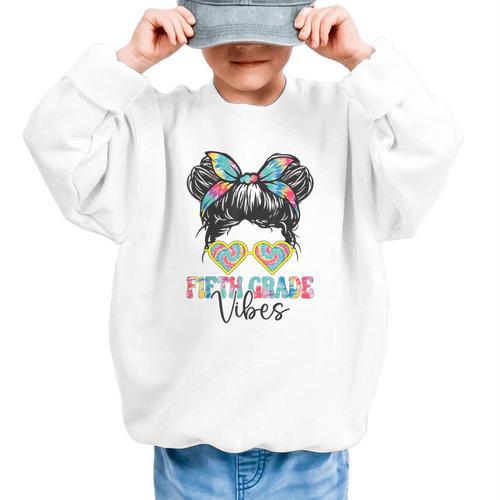 Fifth Grade Vibes Messy Hair Bun Girl Back To School 5th Graphic Kid Sweatshirt - Savourry