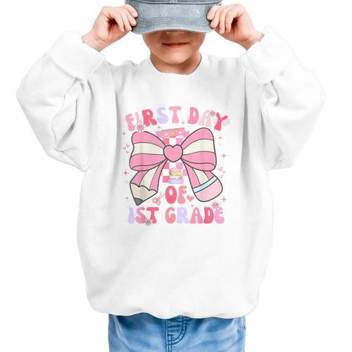 First Day Of 1st Grade Coquette Back To School Girls Kids Graphic Kid Sweatshirt - Savourry