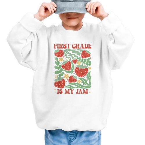 First Grade Is My Jam Boho Floral Strawberry Back To School Graphic Kid Sweatshirt - Savourry
