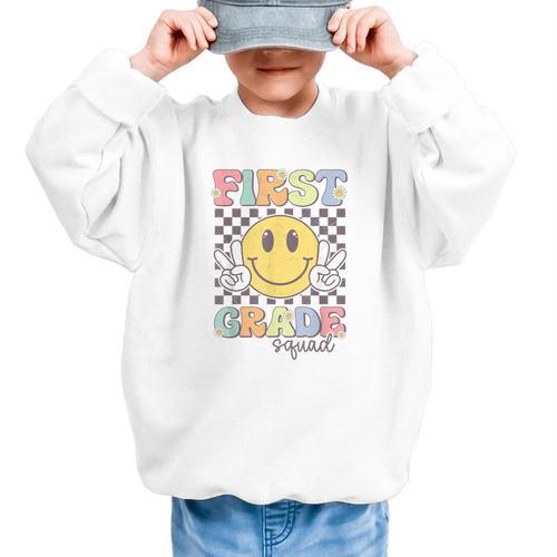 First Grade Squad Smile Face 1st Grade Back To School Graphic Kid Sweatshirt - Savourry