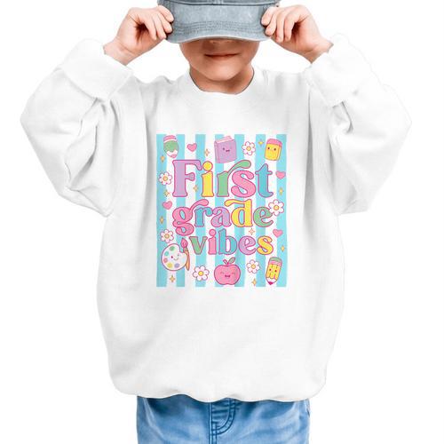 First Grade Vibes Cute Groovy Back To School 1st Grade Girls Graphic Kid Sweatshirt - Savourry