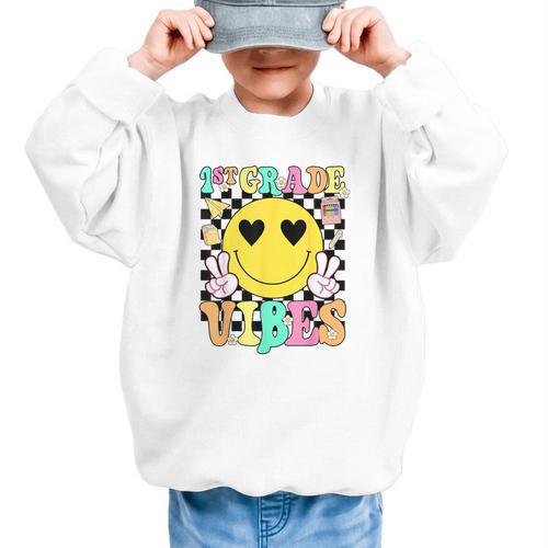Girls 1st Grade Vibes Smile Face Back To School First Grade Graphic Kid Sweatshirt - Savourry