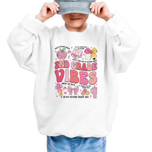 Girls 2nd Grade Vibes Coquette Pink Bow Back To School Graphic Kid Sweatshirt - Savourry