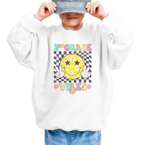 Girls 2nd Grade Vibes Smile Face Back To School Second Grade Graphic Kid Sweatshirt - Savourry
