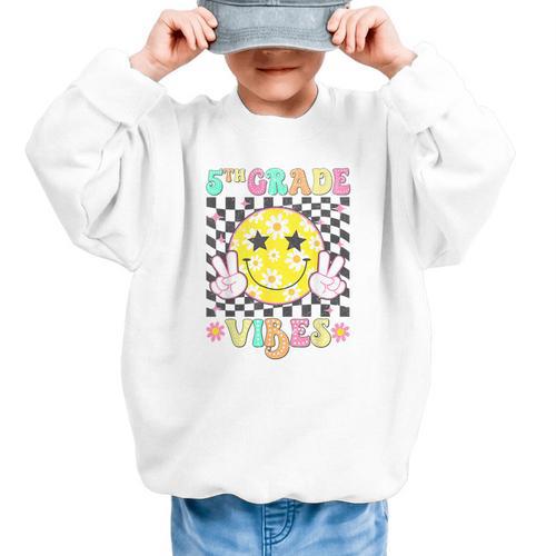 Girls 5th Grade Vibes Smile Face Back To School Fifth Grade Graphic Kid Sweatshirt - Savourry