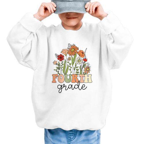 Groovy Fourth Grade Wildflowers Back To School 4th Grade Graphic Kid Sweatshirt - Savourry