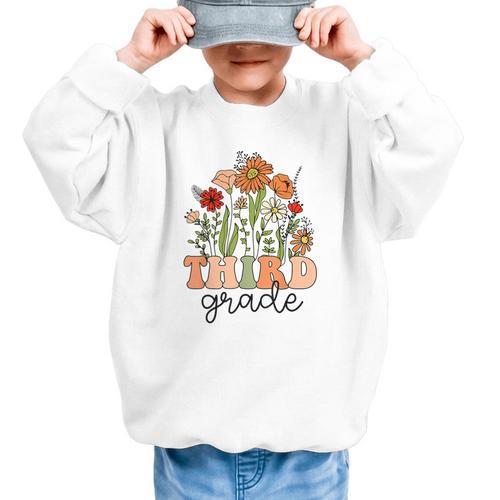 Groovy Third Grade Wildflowers Back To School 3rd Grade Graphic Kid Sweatshirt - Savourry