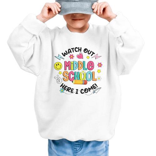 Groovy Watch Out Middle School Here I Come Back To School Graphic Kid Sweatshirt - Savourry