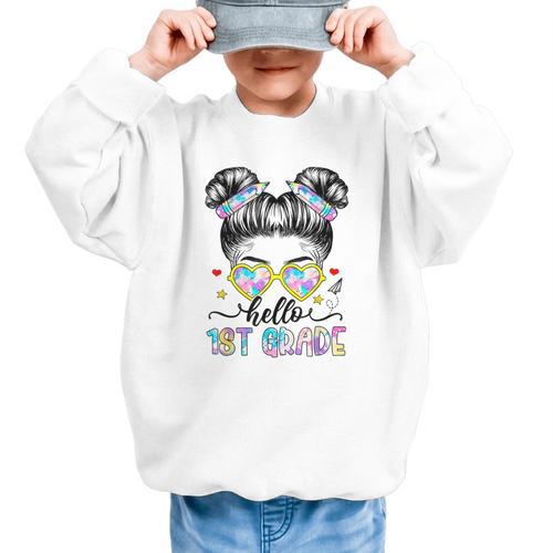Hello 1st Grade Messy Bun Girl Back To School First Day Graphic Kid Sweatshirt - Savourry