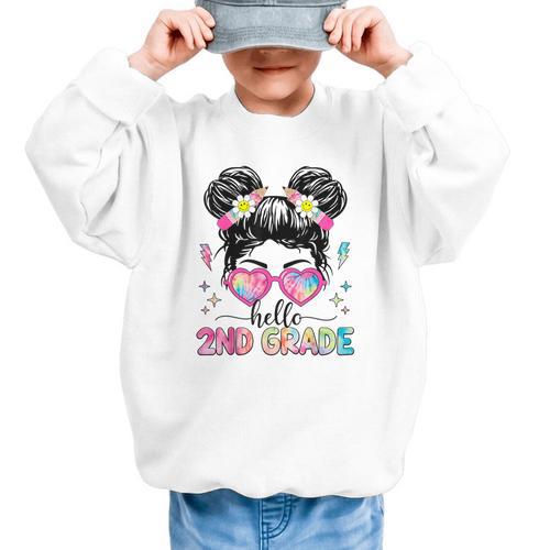 Hello 2nd Grade Messy Bun Girl Back To School First Day Graphic Kid Sweatshirt - Savourry