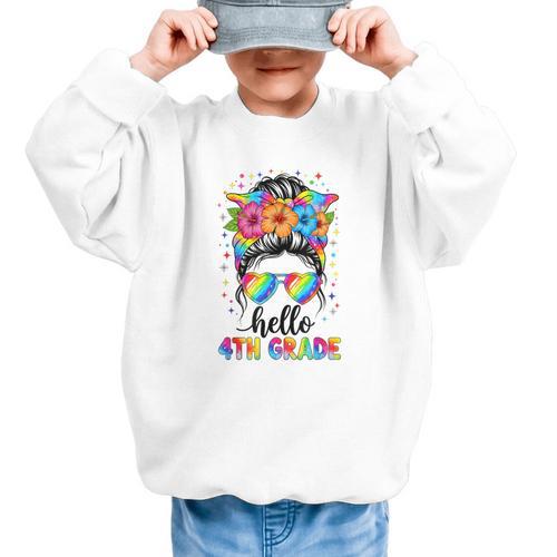 Hello 4th Grade Messy Bun Girls Back To School First Day Graphic Kid Sweatshirt - Savourry