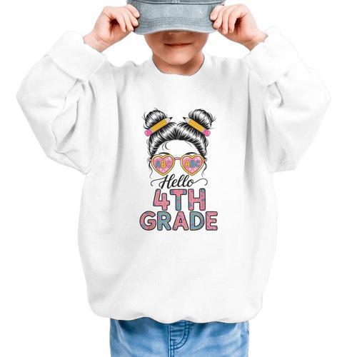 Hello 4th Grade Messy Bun Hair Back To School Girls Graphic Kid Sweatshirt - Savourry