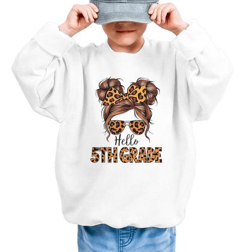 Hello 5th Grade Messy Hair Bun Girl Back To School First Day Graphic Kid Sweatshirt - Savourry