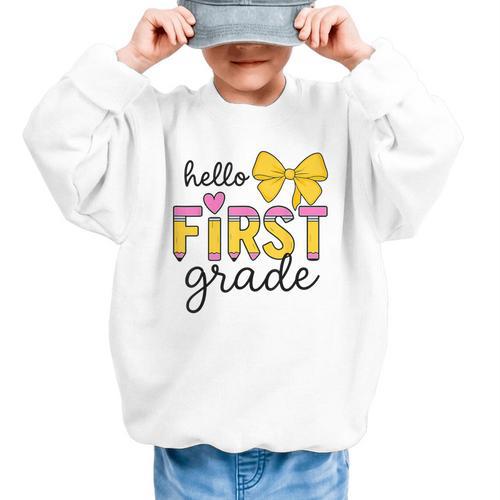 Hello First Grade For Girls Boys Cute Back To School Pencil Graphic Kid Sweatshirt - Savourry