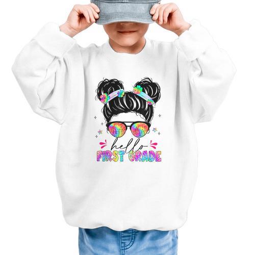 Hello First Grade Shirt Messy Bun Tie Dye Back To School Graphic Kid Sweatshirt - Savourry