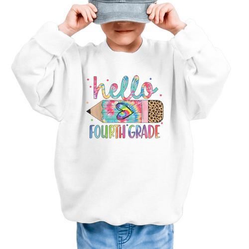 Hello Fourth Grade Tie Dye Pencil Back To School 4th Grade Graphic Kid Sweatshirt - Savourry