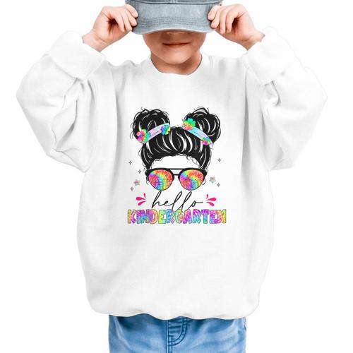 Hello Kindergarten Shirt Messy Bun Tie Dye Back To School Graphic Kid Sweatshirt - Savourry
