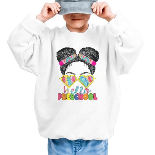 Hello Preschool Messy Bun Tie Dye Back To School Girls Kids Graphic Kid Sweatshirt - Savourry