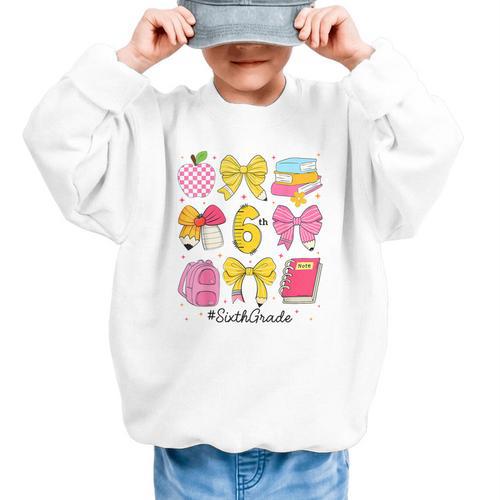 Hello Sixth 6th Grade Back To School Coquette Bow Girls Graphic Kid Sweatshirt - Savourry