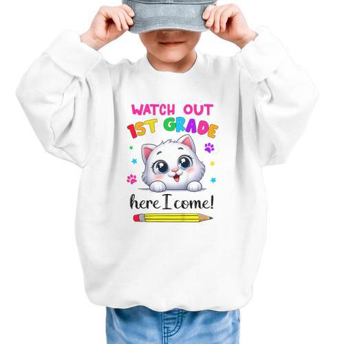 Kids Watch Out 1st Grade Here I Come Girls Cat Back To School Graphic Kid Sweatshirt - Savourry