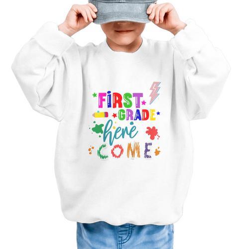 Kids Watch Out First Grade Here I Come 1st Grade Back To School Graphic Kid Sweatshirt - Savourry