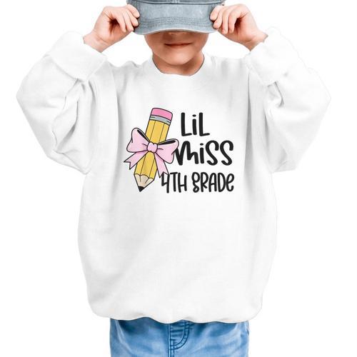 Lil Miss 4th Grade Coquette Bow Pencil Back To School Girls Graphic Kid Sweatshirt - Savourry