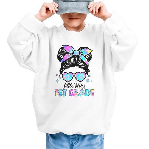 Little Miss 1st Grade Messy Bun Back To School Girls Kids Graphic Kid Sweatshirt - Savourry