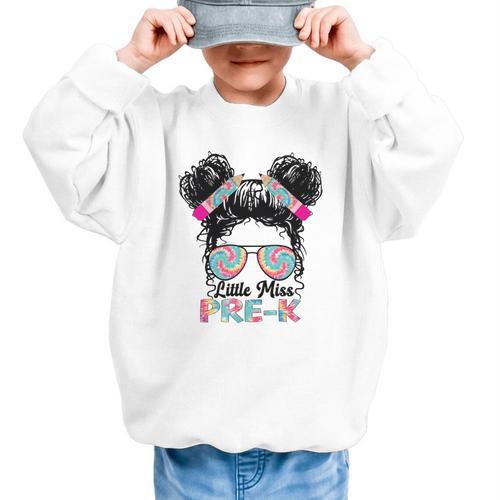 Little Miss Pre-K Girls Back To School Messy Bun Performance Graphic Kid Sweatshirt - Savourry