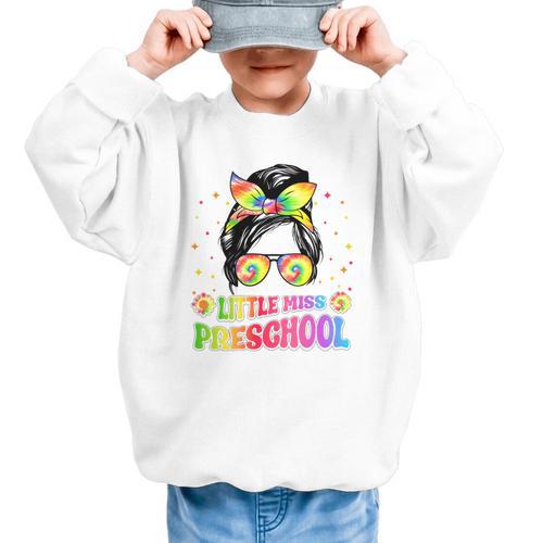 Little Miss Preschool Messy Bun Tie Dye Back To School Girls Graphic Kid Sweatshirt - Savourry