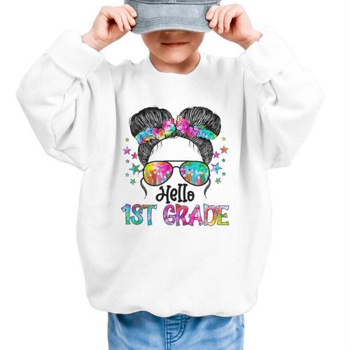 Messy Hair Bun Girl Back To School First Day Hello 1st Grade Graphic Kid Sweatshirt - Savourry