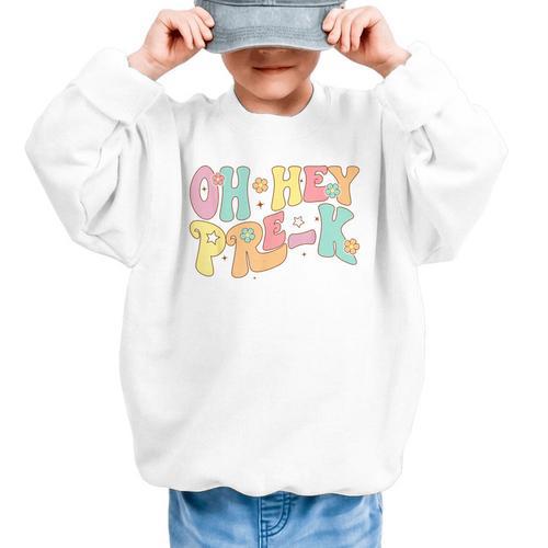 Oh Hey Pre-K Groovy Retro First Day Back To School Graphic Kid Sweatshirt - Savourry