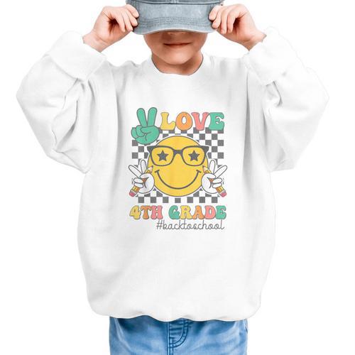 Peace Love 4th Grade Cute Smile Face Back To School Girls Graphic Kid Sweatshirt - Savourry