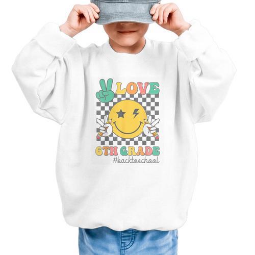 Peace Love 6th Grade Smile Face Back To School Sixth Grade Graphic Kid Sweatshirt - Savourry