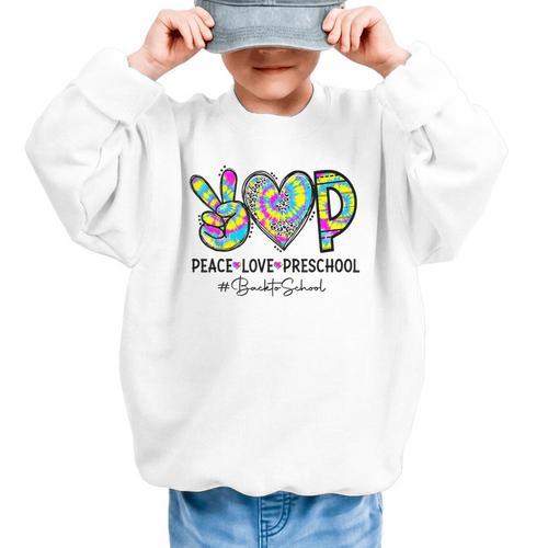 Peace Love Preschool First Day Of Preschool Back To School Graphic Kid Sweatshirt - Savourry