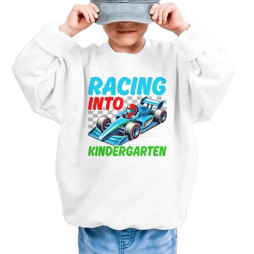 Racing Into Kindergarten Race Car Driver Back To School Performance Graphic Kid Sweatshirt - Savourry