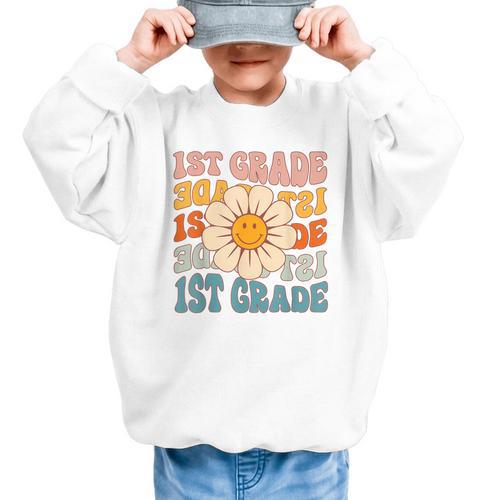 Retro 1st Grade Daisy Colorful Back To School First Grade Graphic Kid Sweatshirt - Savourry