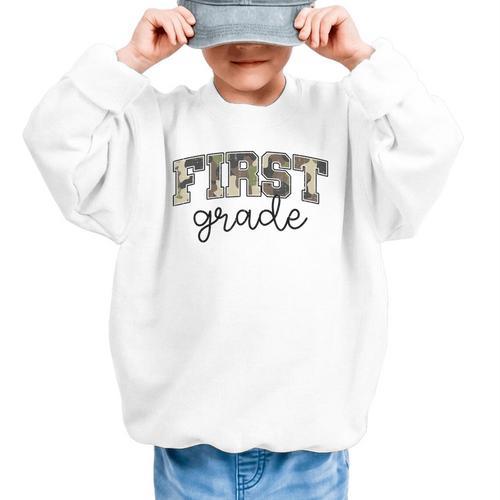 Retro First Grade Old Camo Back To School Boy Girl 1st Grade Graphic Kid Sweatshirt - Savourry