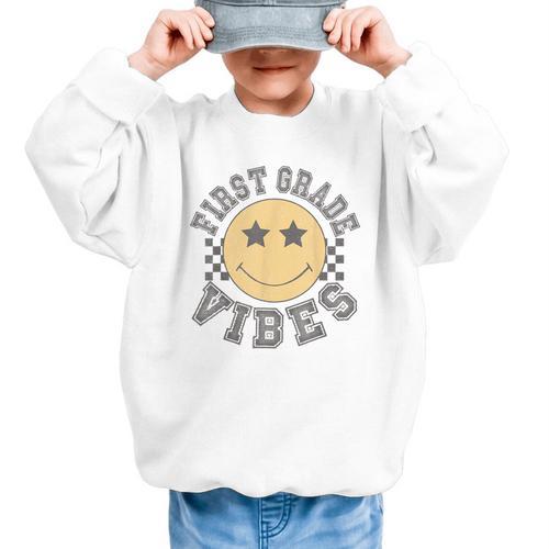 Retro First Grade Vibes Smile Face Back To School 1st Grade Graphic Kid Sweatshirt - Savourry