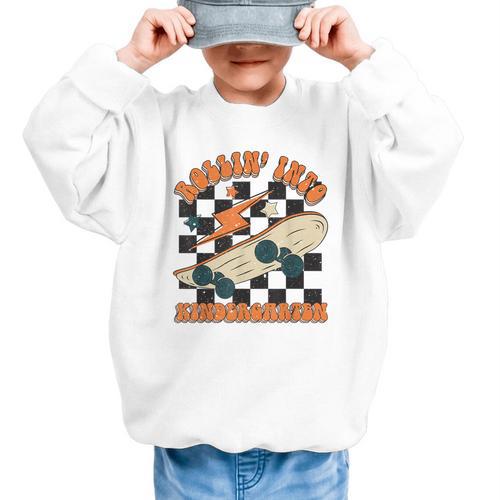 Rolling Into Kindergarten Retro Groovy Back To School Kids Graphic Kid Sweatshirt - Savourry