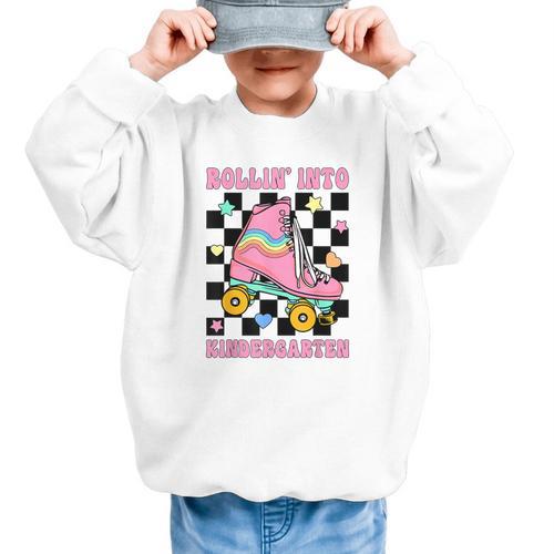 Rolling Into Kindergarten Roller Skating Girl Back To School Graphic Kid Sweatshirt - Savourry