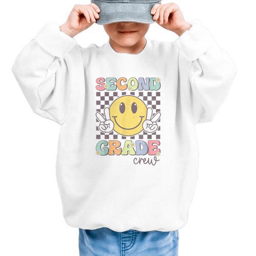 Second Grade Crew Smile Face Back To School 2nd Grade Team Graphic Kid Sweatshirt - Savourry